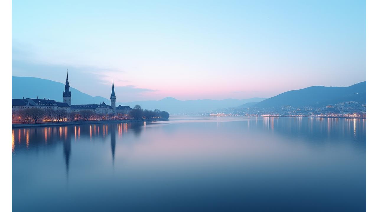 Panoramic view of Lake Zurich and Zurich city skyline at dawn