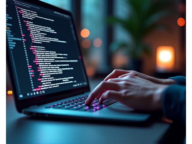 Illustration of a clean, modern desk with a laptop displaying code, hands typing, and subtle Swiss iconography. Represents efficient, precise API development and integration.