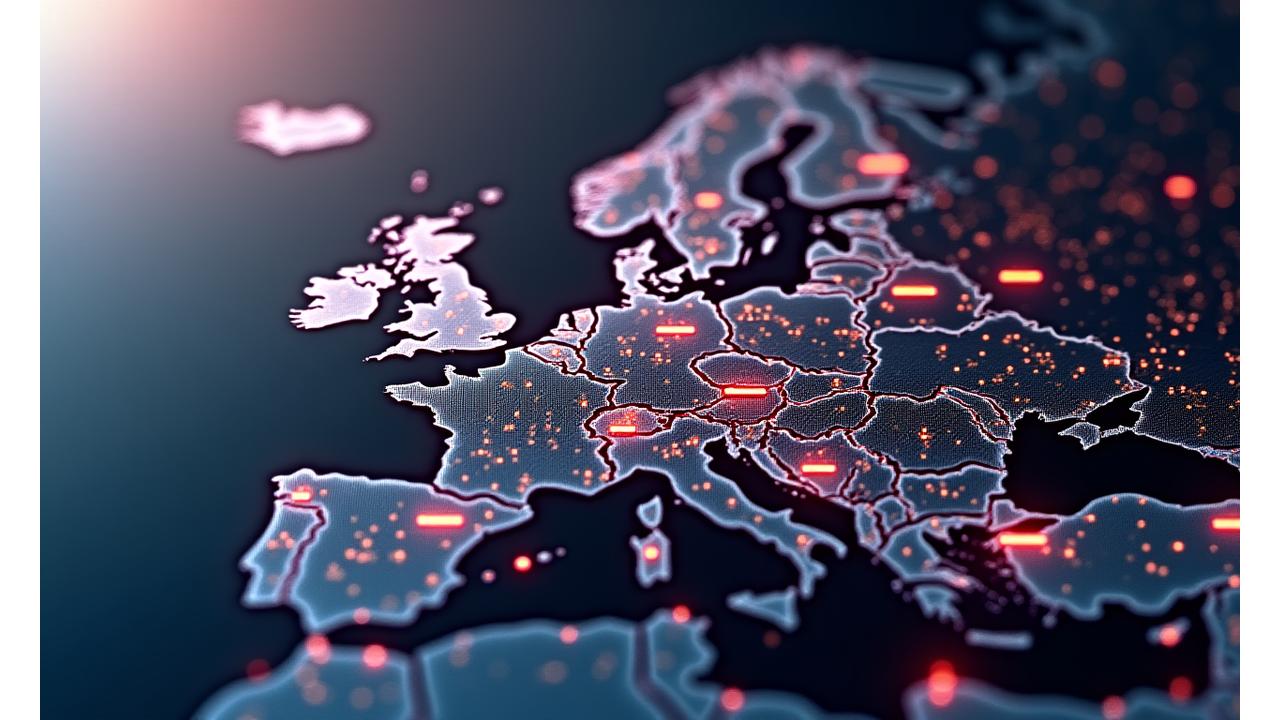 Digital interface displaying real-time compliance updates and travel advisories for European roads, with graphs and alerts.