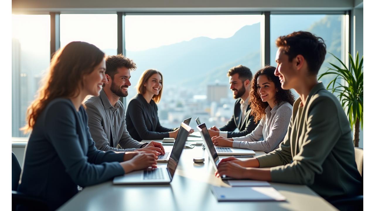 Modern, bright office space with diverse team members collaborating, representing Swiss quality customer support.