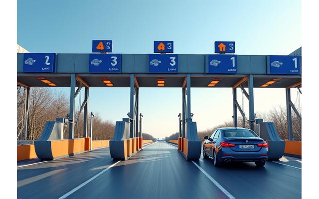 French Autoroute toll booth gate with electronic payment sign