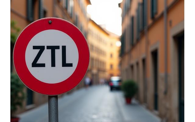 Historic Italian city street with a red ZTL (Zona a Traffico Limitato) sign
