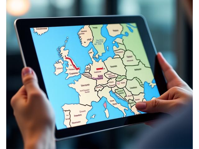 Digital map on a tablet showing an optimized road trip route with overlaid toll information and compliance points