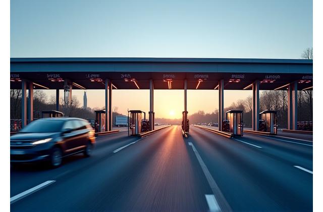 A modern French toll booth with multiple lanes and clear signage, indicating advanced payment options.