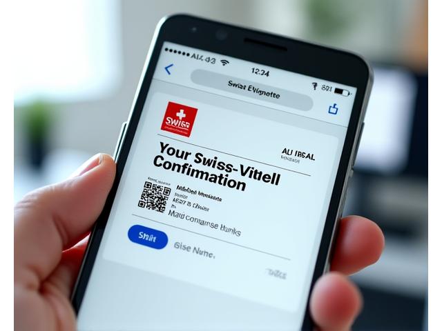 A smartphone display showing an email inbox with an urgent notification for 'Your Swiss E-Vignette Confirmation'. The email preview shows a clear, official-looking digital vignette document.