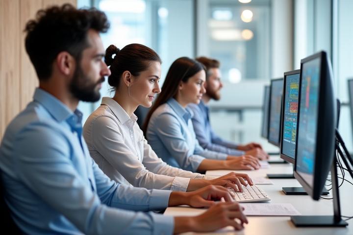 A diverse team of professionals working intently in a modern, brightly lit office, with Swiss flags subtly integrated into the background, conveying diligence and local expertise.