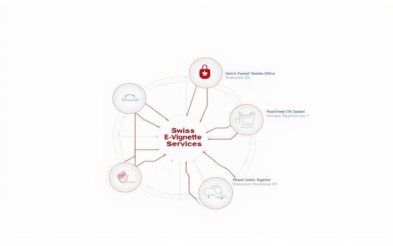 Complex yet clear diagram illustrating secure data flow from the Swiss E-Vignette Services platform to various official Swiss and European vehicle databases.